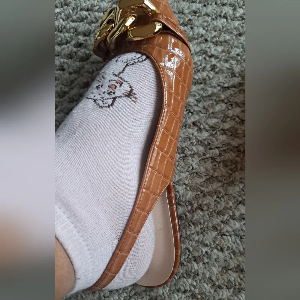 Faux Crocodile Embossed Brown Slingback Heels with Gold Chain